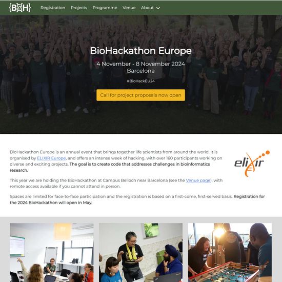 The home page of the BioHackathon Europe website, showing a crowd of developers waving at the camera