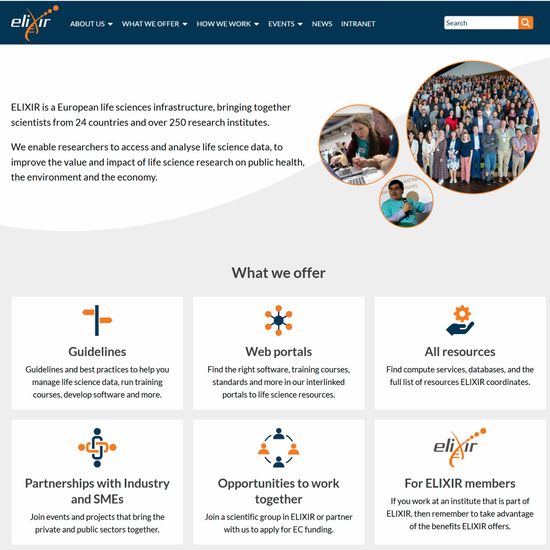 Home page of the ELIXIR Europe websites, with circular images of people talking at a conference