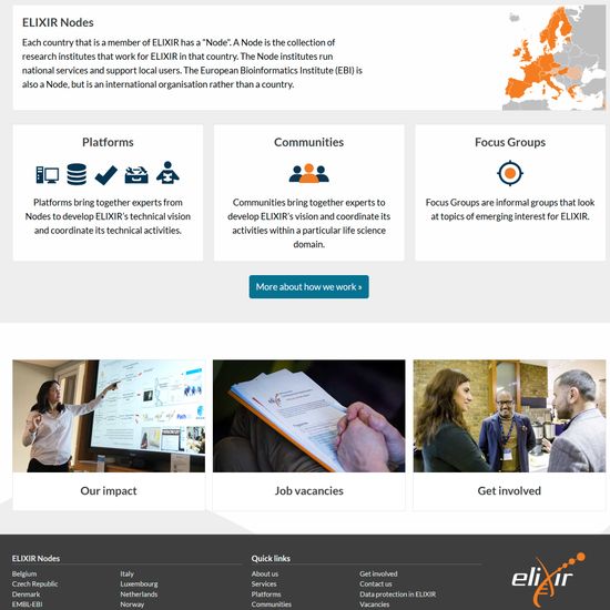 The bottom half of the ELIXIR Europe home page showing a map of Europe plus boxes of short text about the organisation