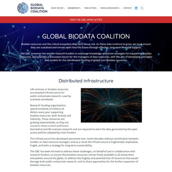 The Global Biodata Coalition website, with an image of ines connecting dots