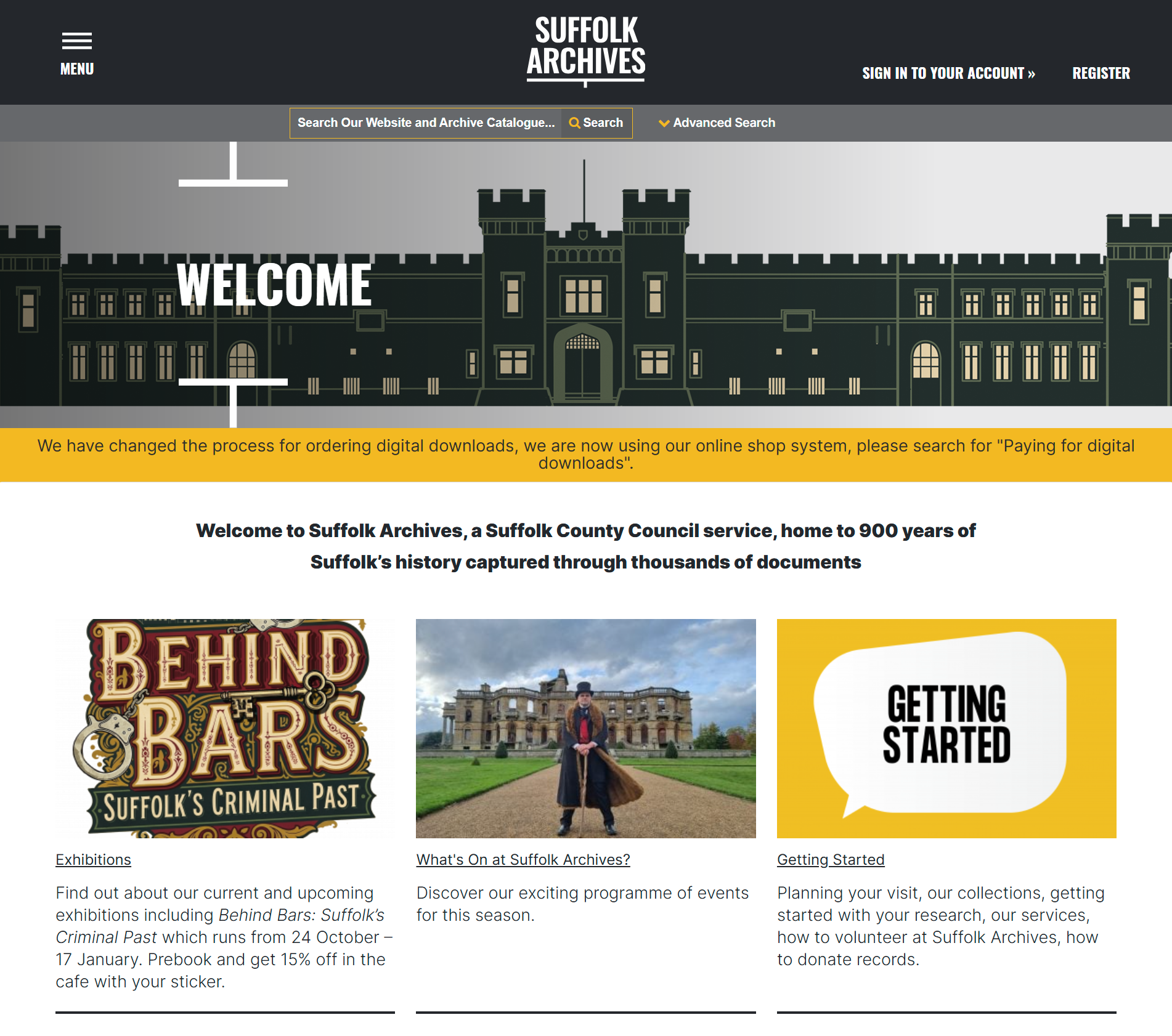 The home page of the Suffolk Archives website